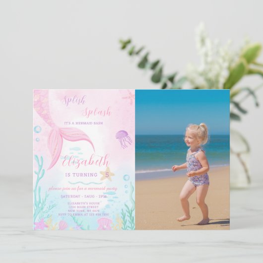 Mermaid Tale Verjaardagsuitnodiging met foto Kaart (Staand voorkant)