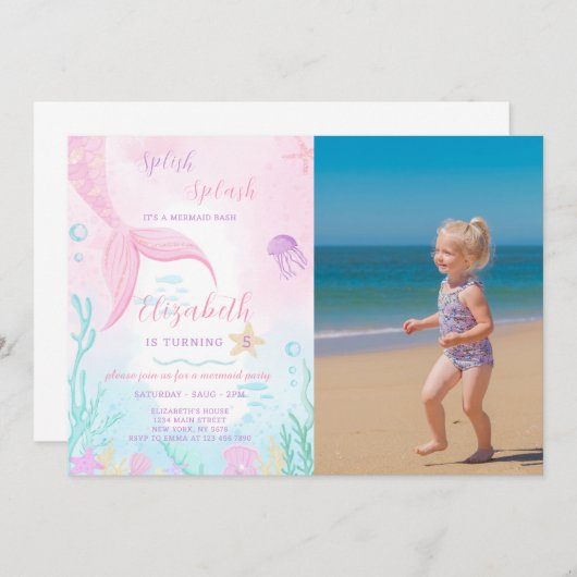 Mermaid Tale Verjaardagsuitnodiging met foto Kaart (Voorkant / Achterkant)