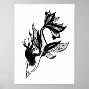 Mermaid Tattoo Style Stipple Shaded Ink Tekening Poster
