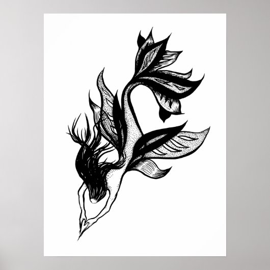 Mermaid Tattoo Style Stipple Shaded Ink Tekening Poster (Voorkant)