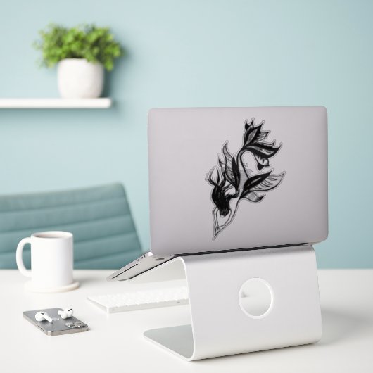 Mermaid Tattoo Style Stipple Shaded Ink Tekening Sticker (Laptop op bureau)