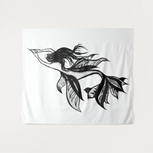 Mermaid Tattoo Style Stipple Shaded Ink Tekening Wandkleed (Voorkant (horizontaal))