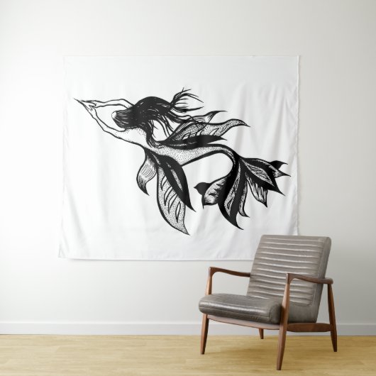 Mermaid Tattoo Style Stipple Shaded Ink Tekening Wandkleed (In Situ (horizontaal))