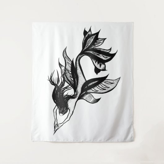 Mermaid Tattoo Style Stipple Shaded Ink Tekening Wandkleed (Voorkant)