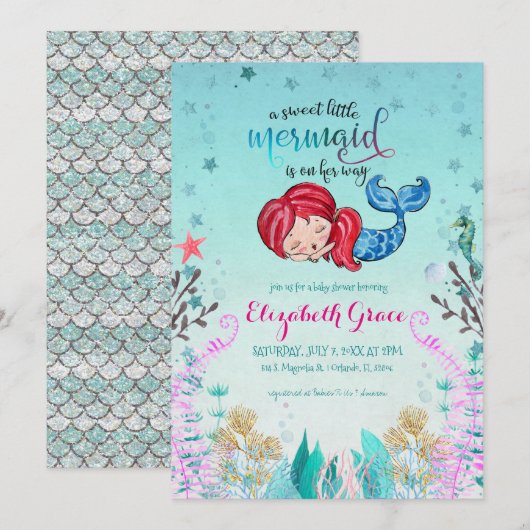 Mermaid Thema Baby Shower Uitnodiging (Voorkant / Achterkant)