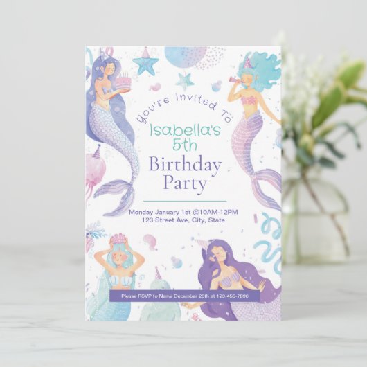 Mermaid Thema Kind's Verjaardagsfeestuitnodiging K Kaart (Staand voorkant)