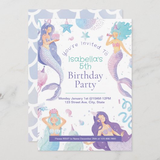 Mermaid Thema Kind's Verjaardagsfeestuitnodiging K Kaart (Voorkant / Achterkant)