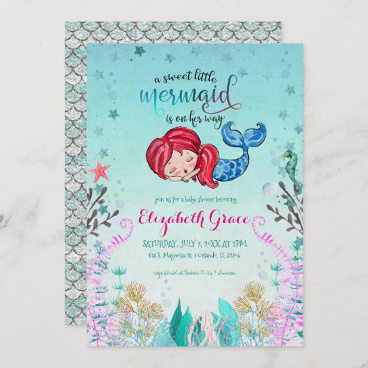 Mermaid Theme Baby shower Invitation Kaart (Voorkant / Achterkant)