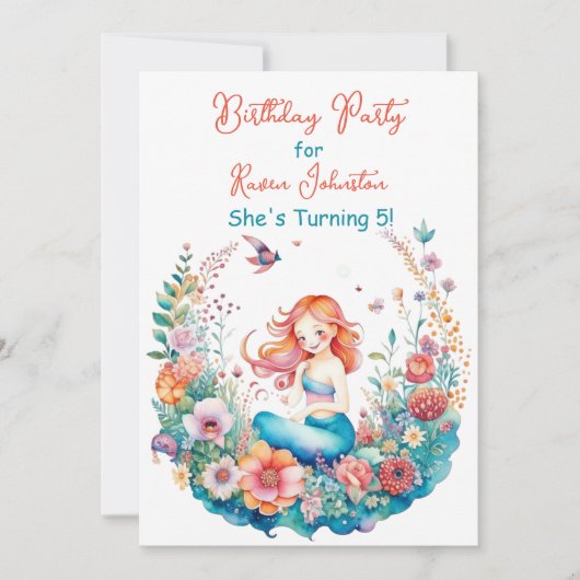 Mermaid Theme Floral Girl's Verjaardagsfeest Kaart (Voorkant)