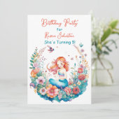 Mermaid Theme Floral Girl's Verjaardagsfeest Kaart (Staand voorkant)