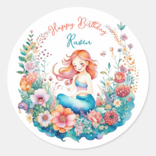Mermaid Theme Floral Girl's Verjaardagsfeest Ronde Sticker