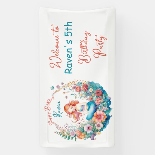 Mermaid Theme Floral Girl's Verjaardagsfeest Spandoek (Verticaal)