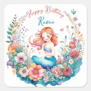 Mermaid Theme Floral Girl's Verjaardagsfeest Vierkante Sticker