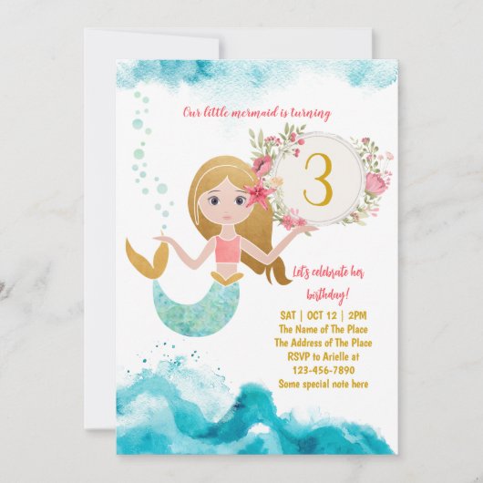 Mermaid Theme onder het Zee Baby Girl 3rd Birthday Kaart (Voorkant)