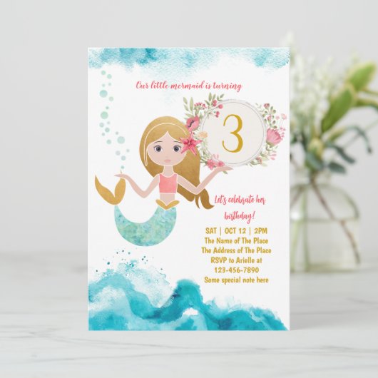 Mermaid Theme onder het Zee Baby Girl 3rd Birthday Kaart (Staand voorkant)