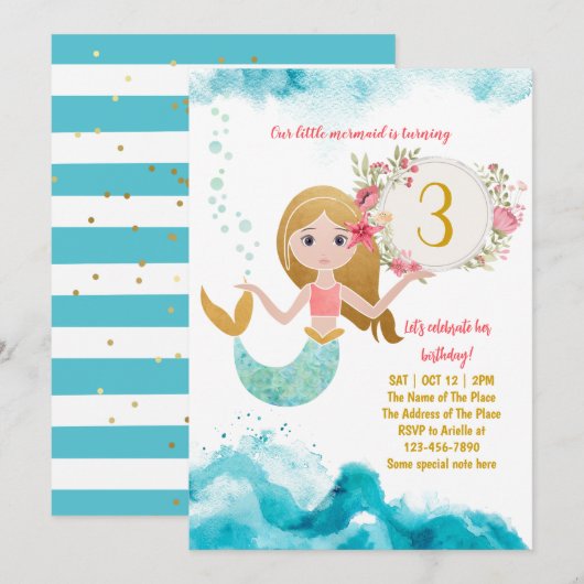 Mermaid Theme onder het Zee Baby Girl 3rd Birthday Kaart (Voorkant / Achterkant)