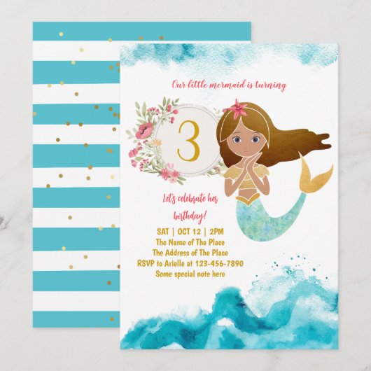 Mermaid Theme onder het Zee Baby Girl 3rd Birthday Kaart (Voorkant / Achterkant)