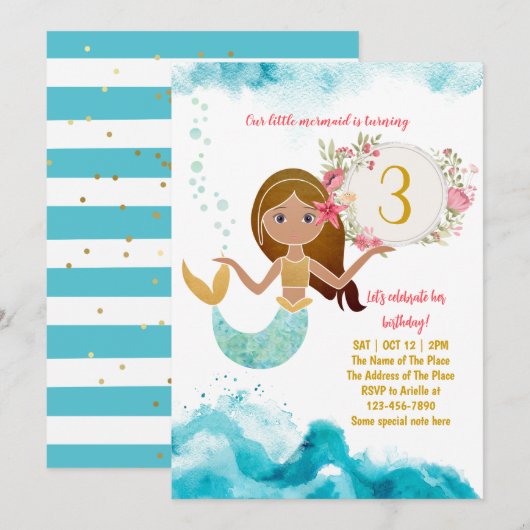 Mermaid Theme onder het Zee Baby Girl 3rd Birthday Kaart (Voorkant / Achterkant)