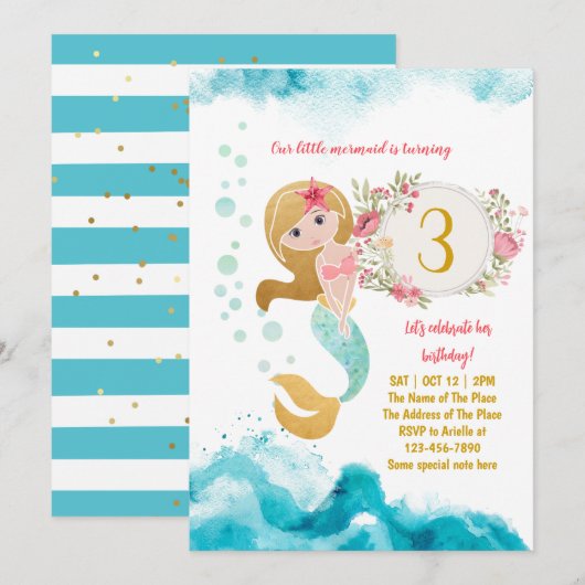 Mermaid Theme onder het Zee Baby Girl 3rd Birthday Kaart (Voorkant / Achterkant)