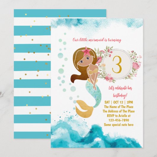 Mermaid Theme onder het Zee Baby Girl 3rd Birthday Kaart (Voorkant / Achterkant)