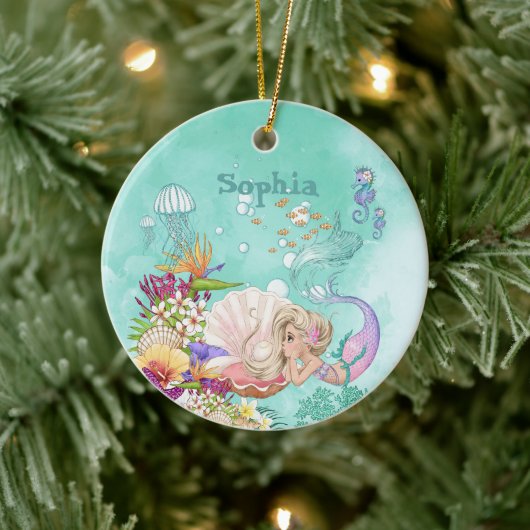 Mermaid Theme Roze Blue Cute Ceramic Ornament (Boom)