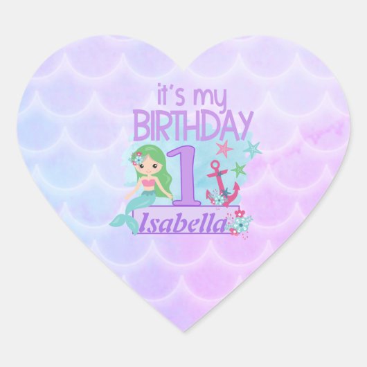 Mermaid themed 1st Birthday Heart Sticker (Voorkant)