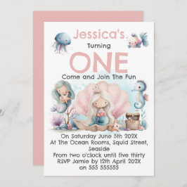 Mermaid Themed 1st Birthday Invitation Kaart