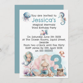 Mermaid Themed 3rd Birthday Invitation Kaart
