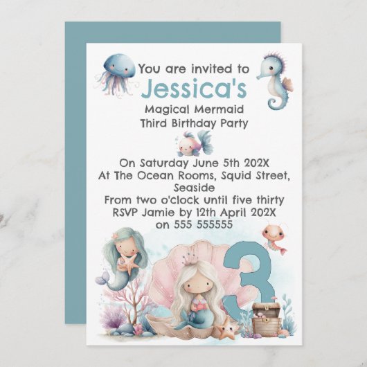 Mermaid Themed 3rd Birthday Invitation Kaart (Voorkant / Achterkant)