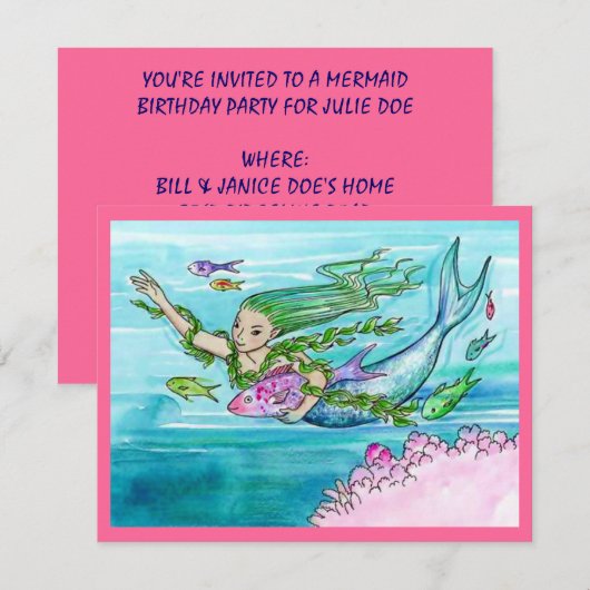 MERMAID THEMEED ARTIJ INVITATION ~ EZ OM AAN TE PA KAART (Voorkant / Achterkant)