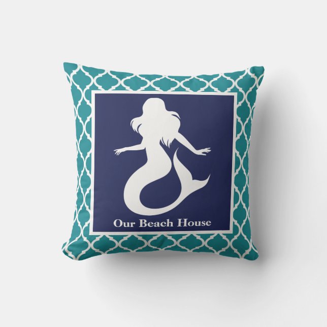 Mermaid Turquoise Blue Nautical Personalize Name Kussen (Voorkant)
