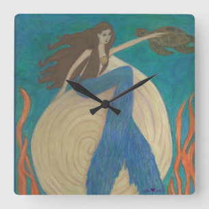 Mermaid & Turtle Wall Clock Vierkante Klok