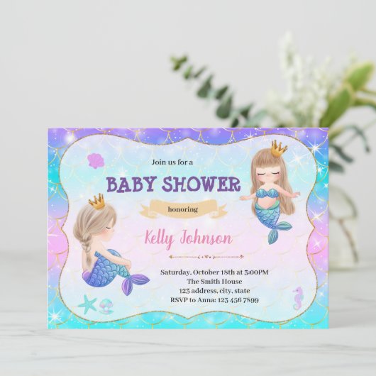 Mermaid twins baby shower-uitnodiging kaart (Staand voorkant)