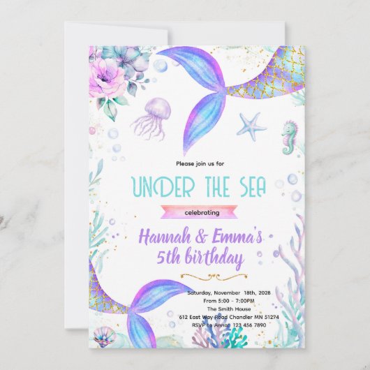 Mermaid twins party invitation kaart (Voorkant)