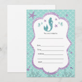 Mermaid Uitnodiging In te vullen Paars Turquoise G (Voorkant / Achterkant)