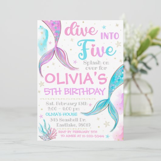Mermaid Uitnodiging Mermaid 5e Verjaardag Uitnodig (Staand voorkant)
