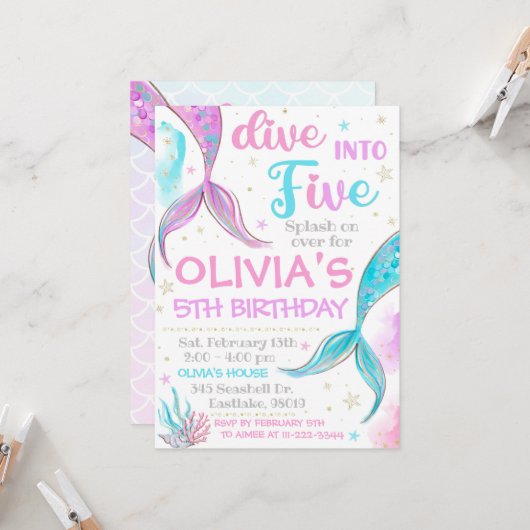 Mermaid Uitnodiging Mermaid 5e Verjaardag Uitnodig (Voorkant / Achterkant in situ)