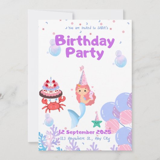 Mermaid uitnodigingskaart Sara's verjaardag Kaart (Voorkant)