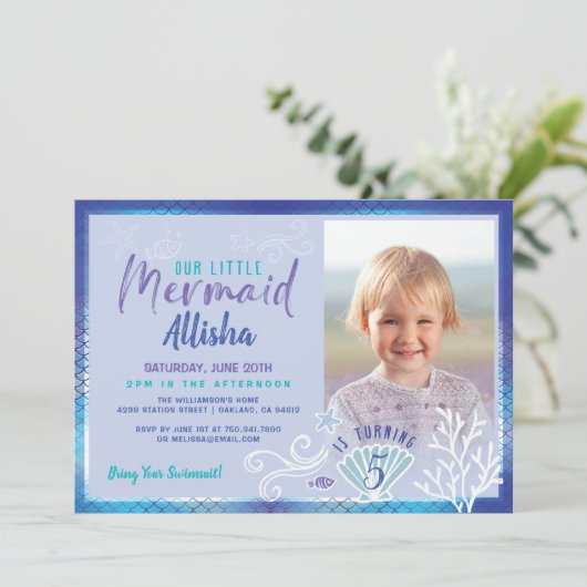 Mermaid under the Ocean Blue & Paars Photo Kaart (Staand voorkant)