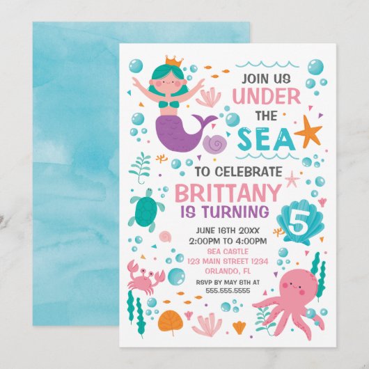 Mermaid Under the Sea birthday invitation Kaart (Voorkant / Achterkant)