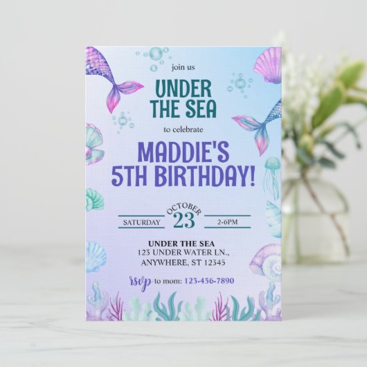 Mermaid Under the Sea Birthday Invitation Kaart (Staand voorkant)