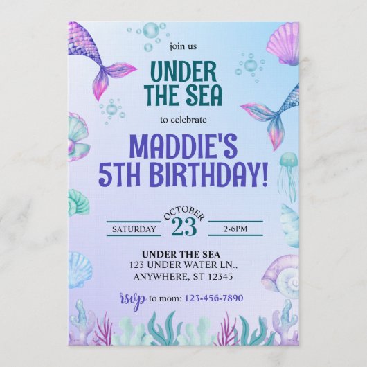 Mermaid Under the Sea Birthday Invitation Kaart (Voorkant)