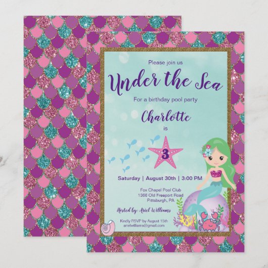 Mermaid Under The Sea Birthday Kaart (Voorkant / Achterkant)