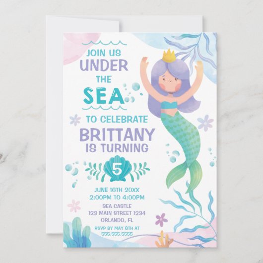 Mermaid Under the Sea cute birthday invitation Kaart (Voorkant)