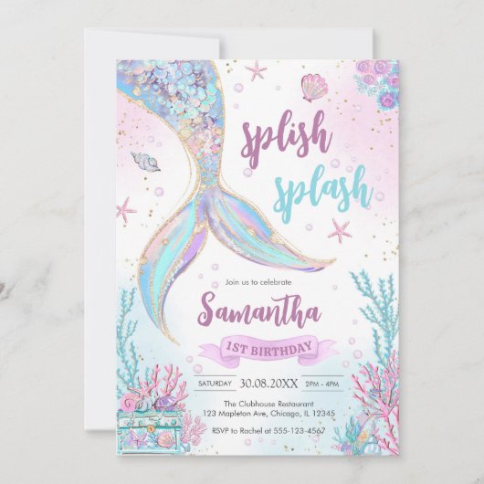 Mermaid Under the Sea Splish Splash Birthday Kaart (Voorkant)