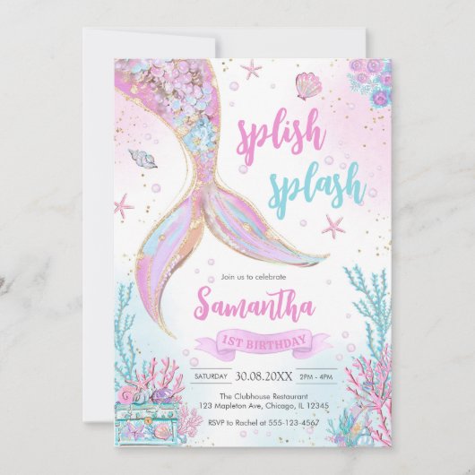 Mermaid Under the Sea Splish Splash Birthday Kaart (Voorkant)