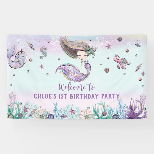 Mermaid under the Zee Birthday Party Backdrop Spandoek (Horizontaal)