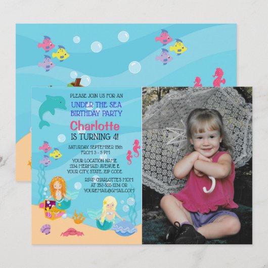 Mermaid under Zee Birthday Photo Invitation Kaart (Voorkant / Achterkant)