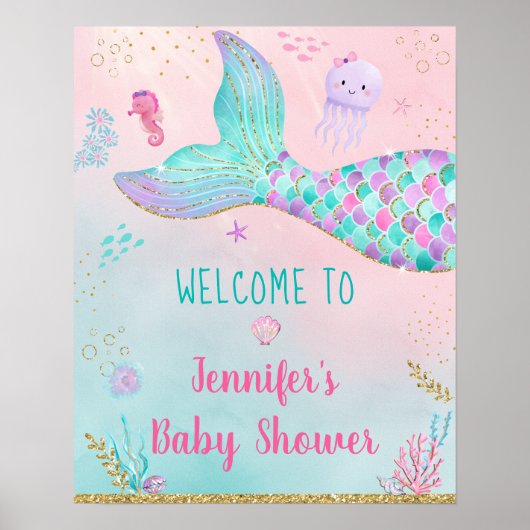 Mermaid under Zee Gold Baby shower Welcome Poster (Voorkant)