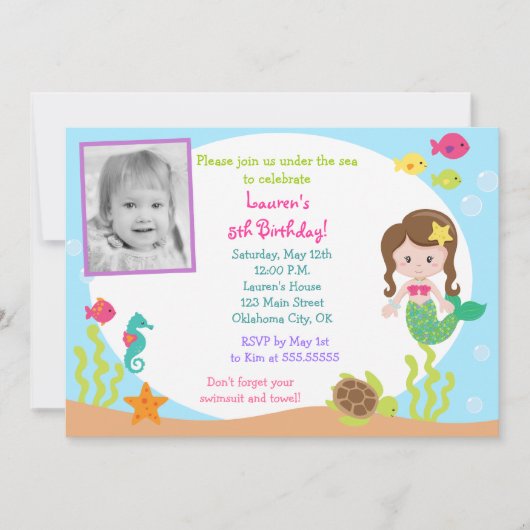 Mermaid under Zee Photo Birthday Invitation Kaart (Voorkant)